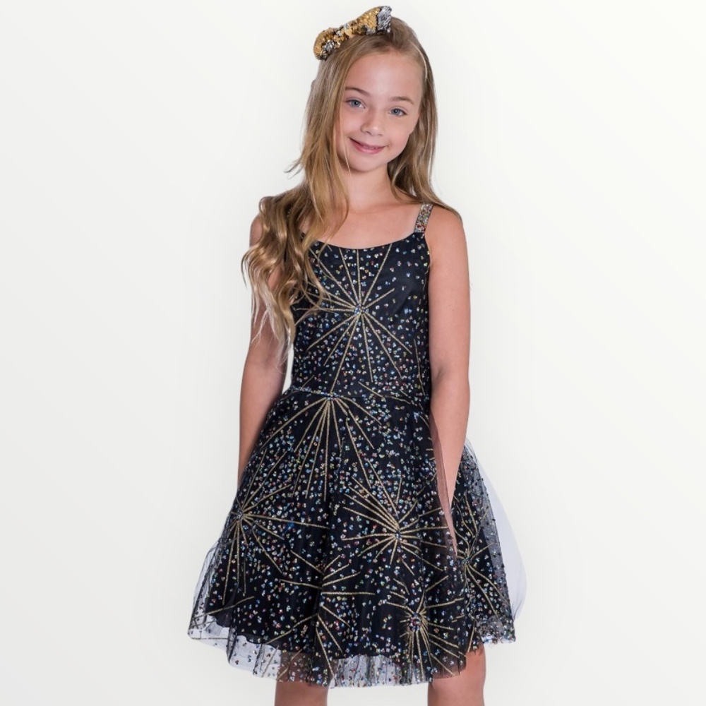 Zoe Ltd Sparkle Dress in Black/Gold Starburst